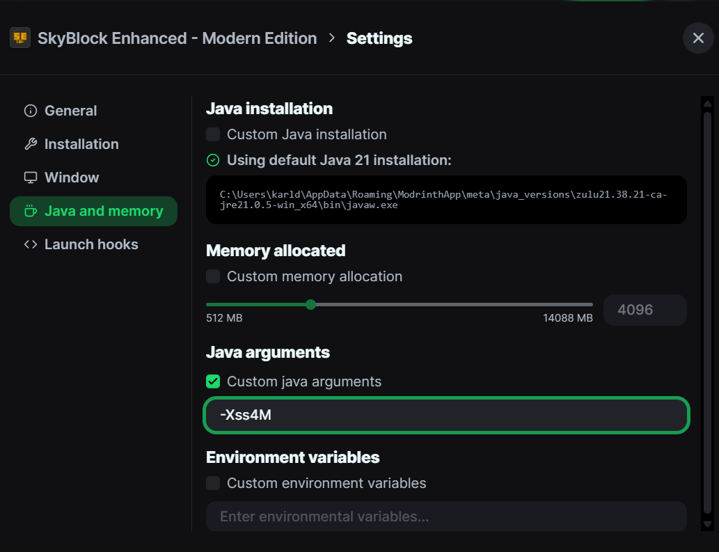 Image of the Java and memory tab with the Custome Java Argumetn box selected and  wirten in side it