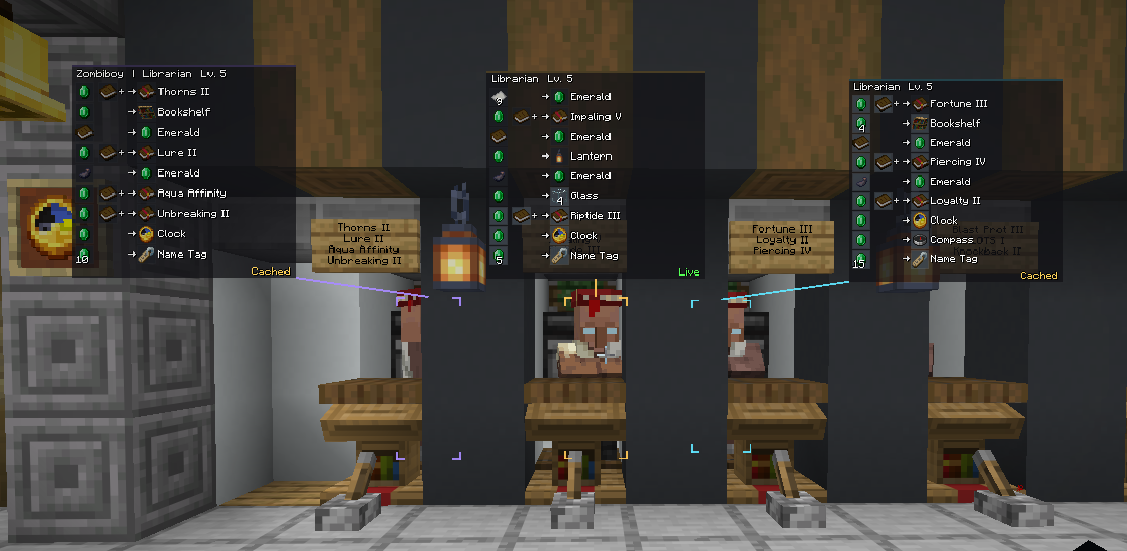 Three villagers displaying stable trade holograms in a trading hall
