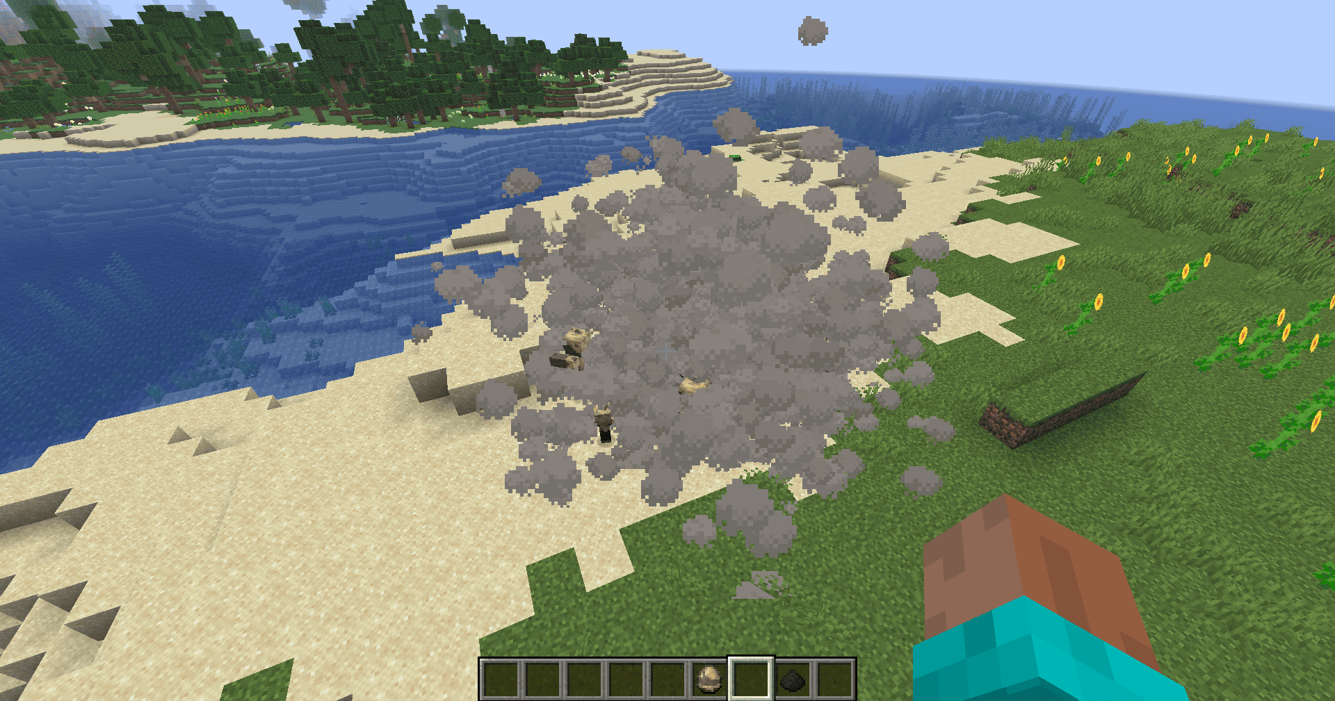 Cloud of smoke created by thrown smoke powder, surrounding some husks on a beach