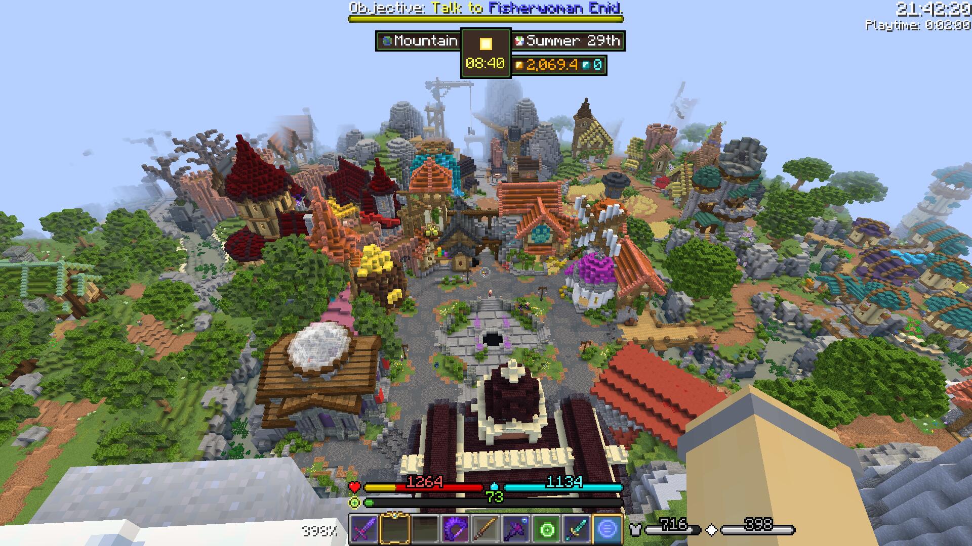 Image of the Hypixel Skyblock hub with minimal shaders and all usually visible HUD elements
