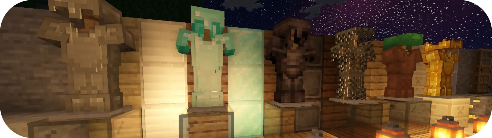 a showcase of shiny armors in various materials