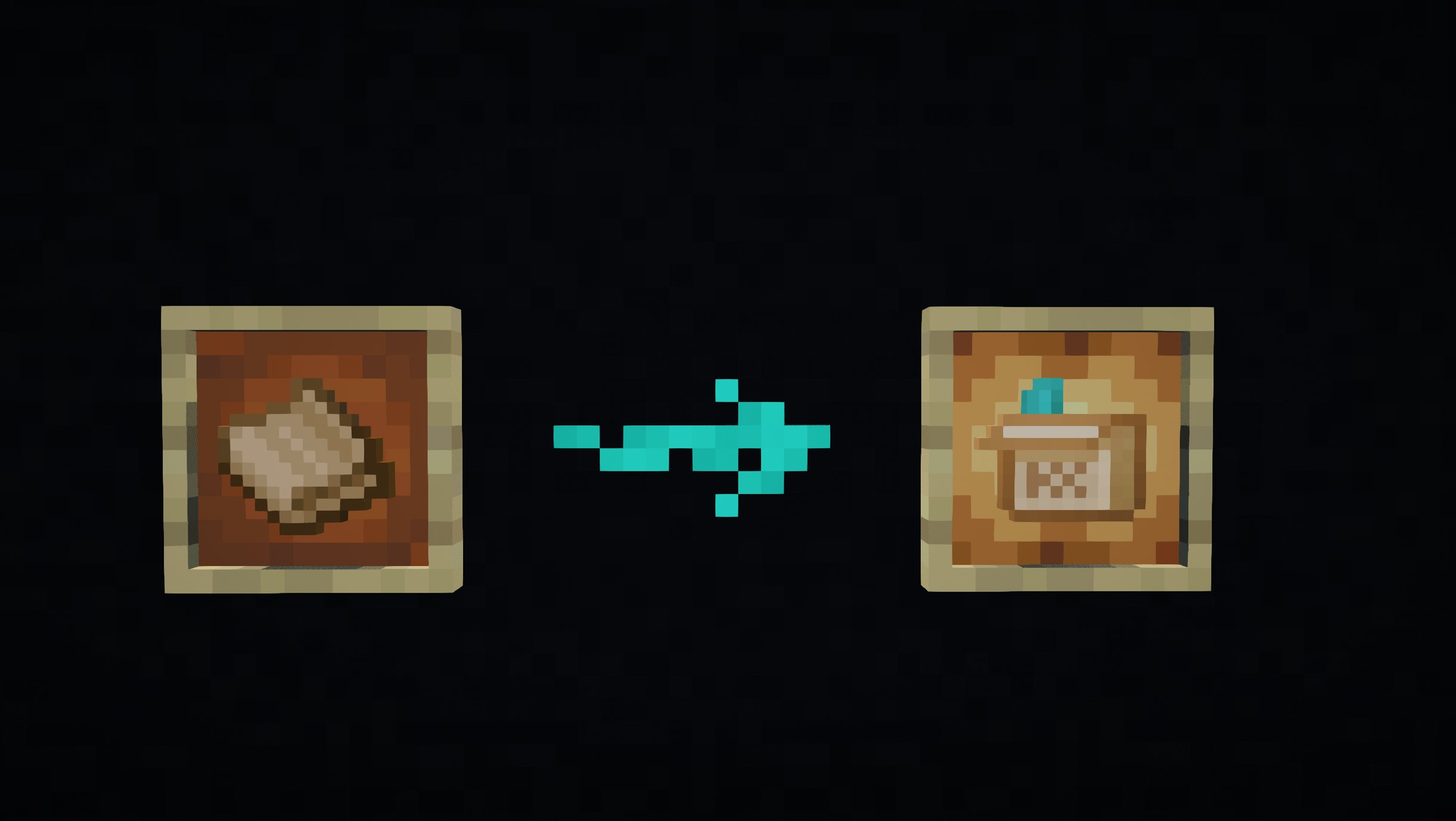 A item frame showing a cardboard item, a blue arrow pointing from left to right indicating another item frame with the chalk box, on a black background
