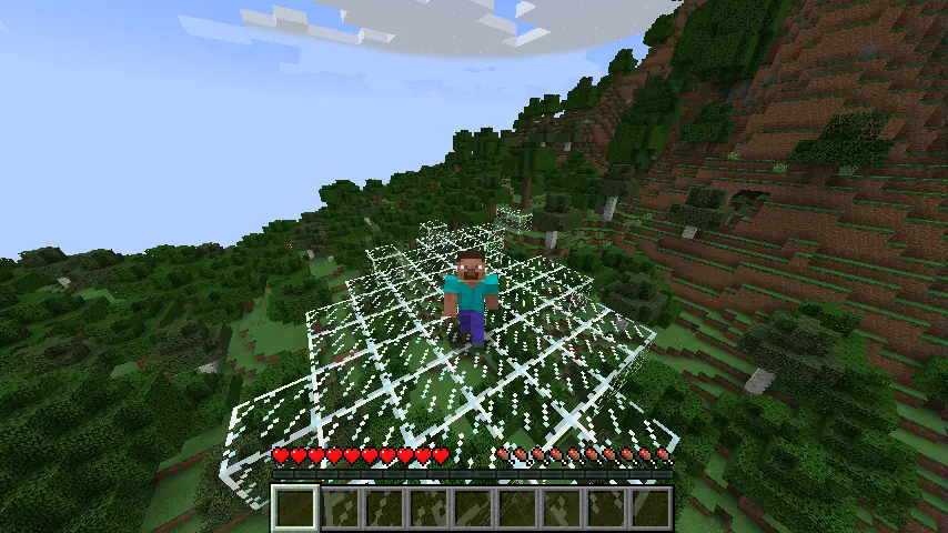 Steve standing on a glass platform above the forest. Screenshot is taken from a third-person camera in front of the player. Programmer's art texture pack is active