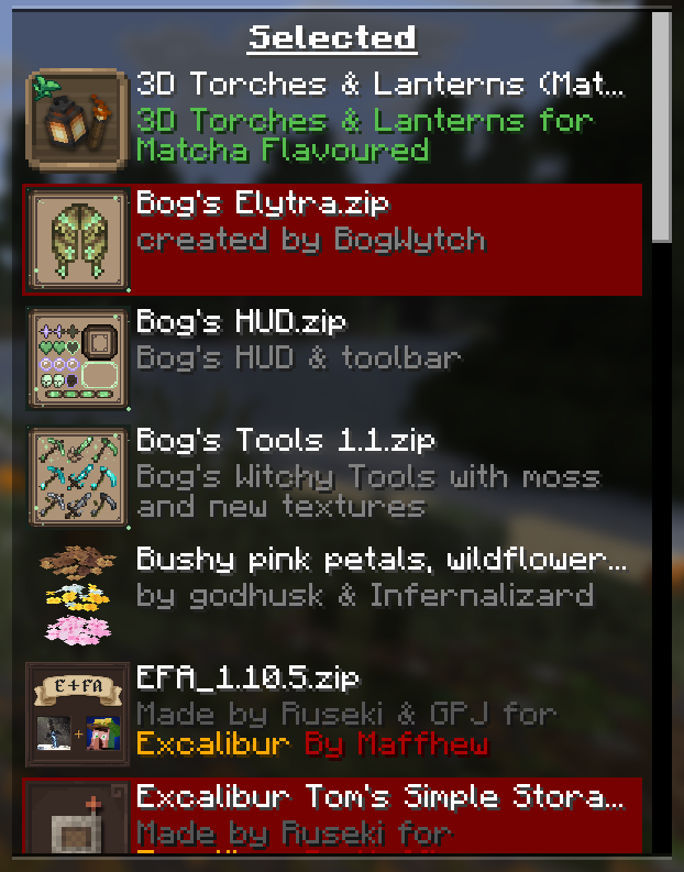 starting from the top the resource packs. 1. 3d torches 2. bogs elytra 3. bogs hud 4. bushy pink petals 5. EFA_1.10.5
