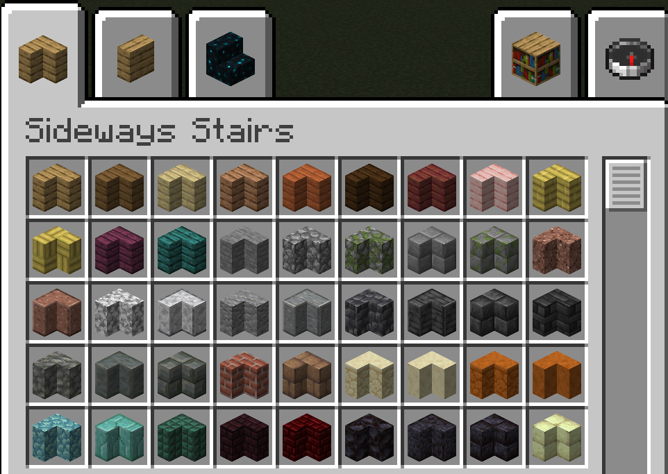 In-game screenshot of the custom creative inventory tab filled with sideways stairs