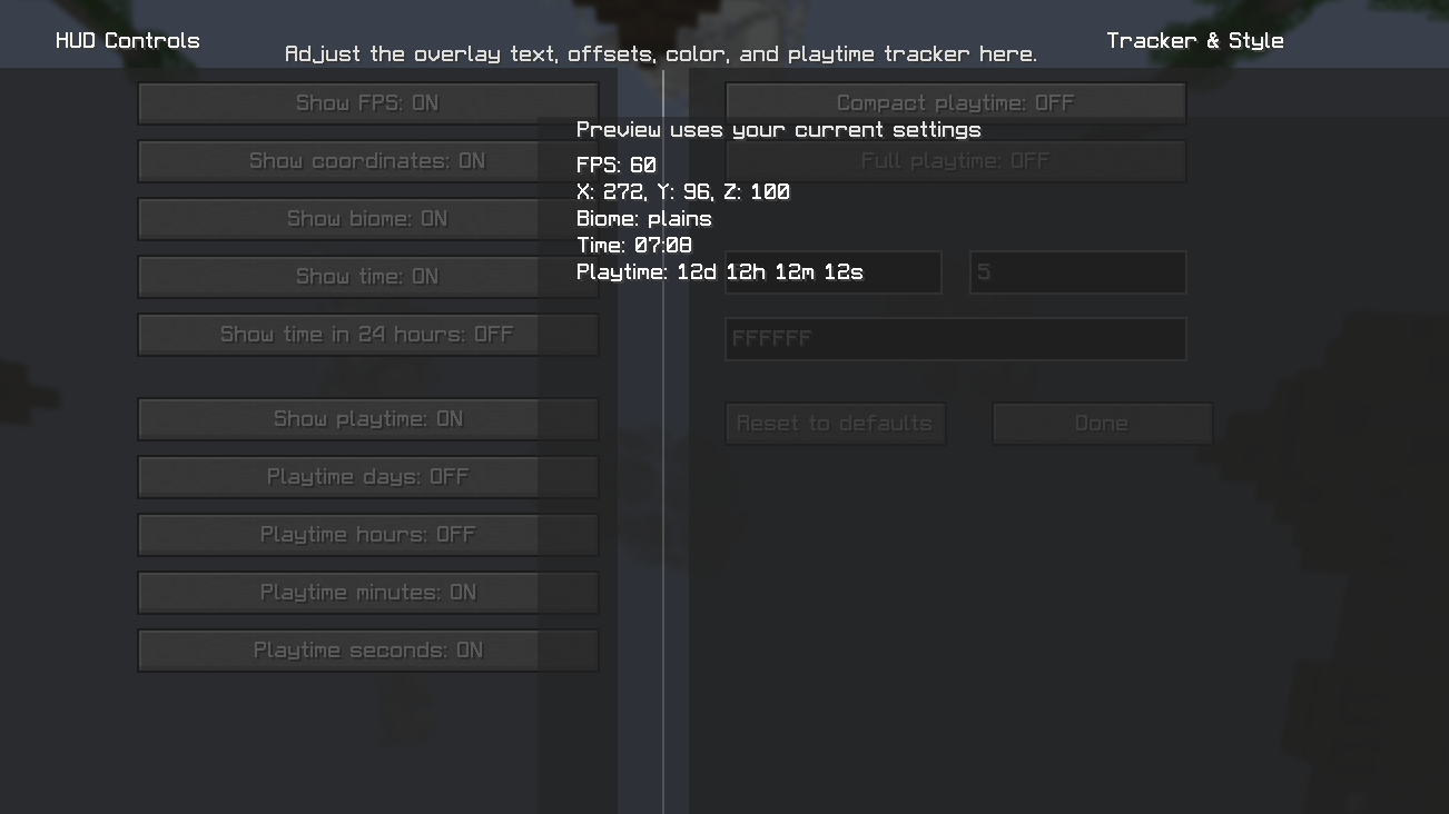 A screenshot of Hudify's configuration menu showing options to customize the HUD. Players can enable or disable displayed information such as coordinates, biome, FPS, local time, and server playtime through a clean, easy-to-use interface.