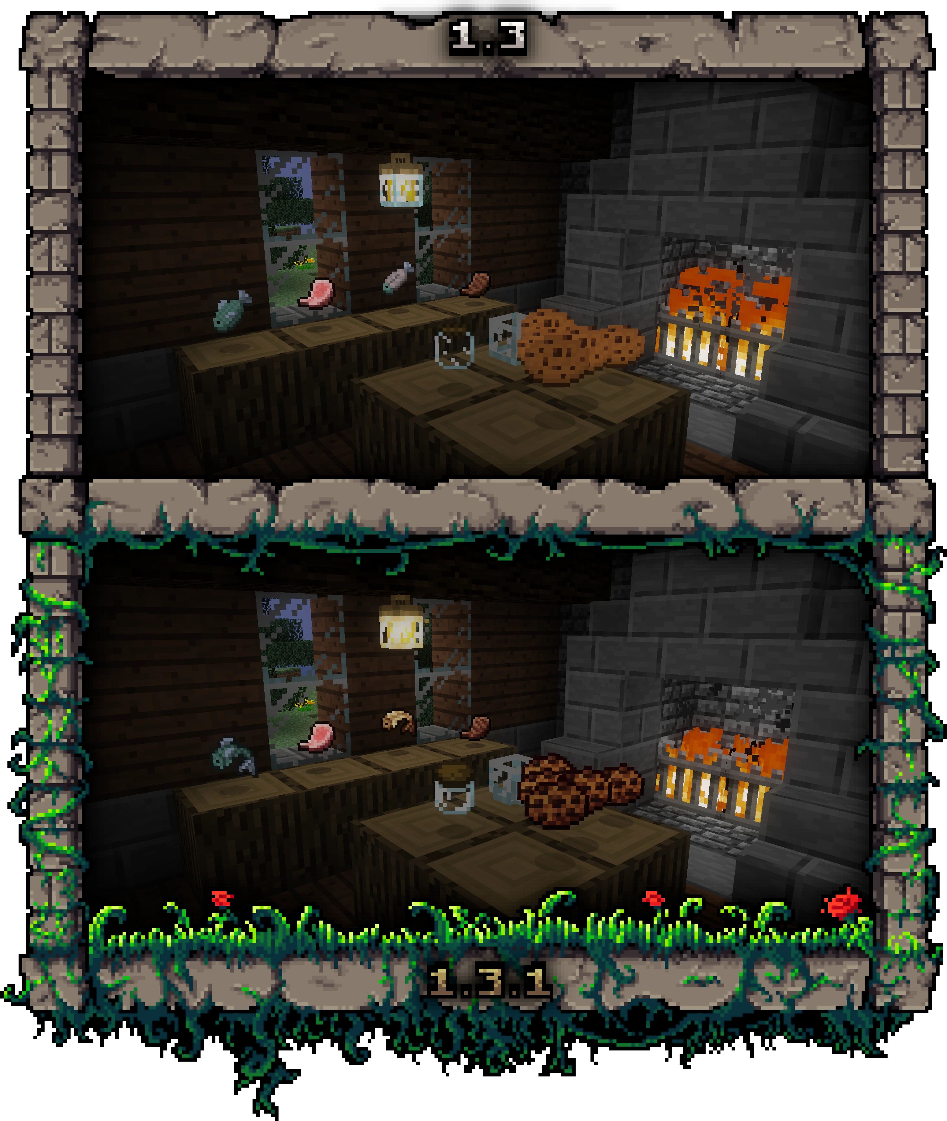 Kitchen with food and a fireplace