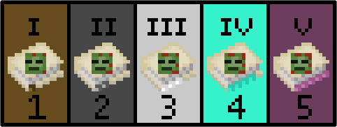 an image with 5 differently colored segments, each containing a differently leveled enchanted book and black text to describe each book's individual level.