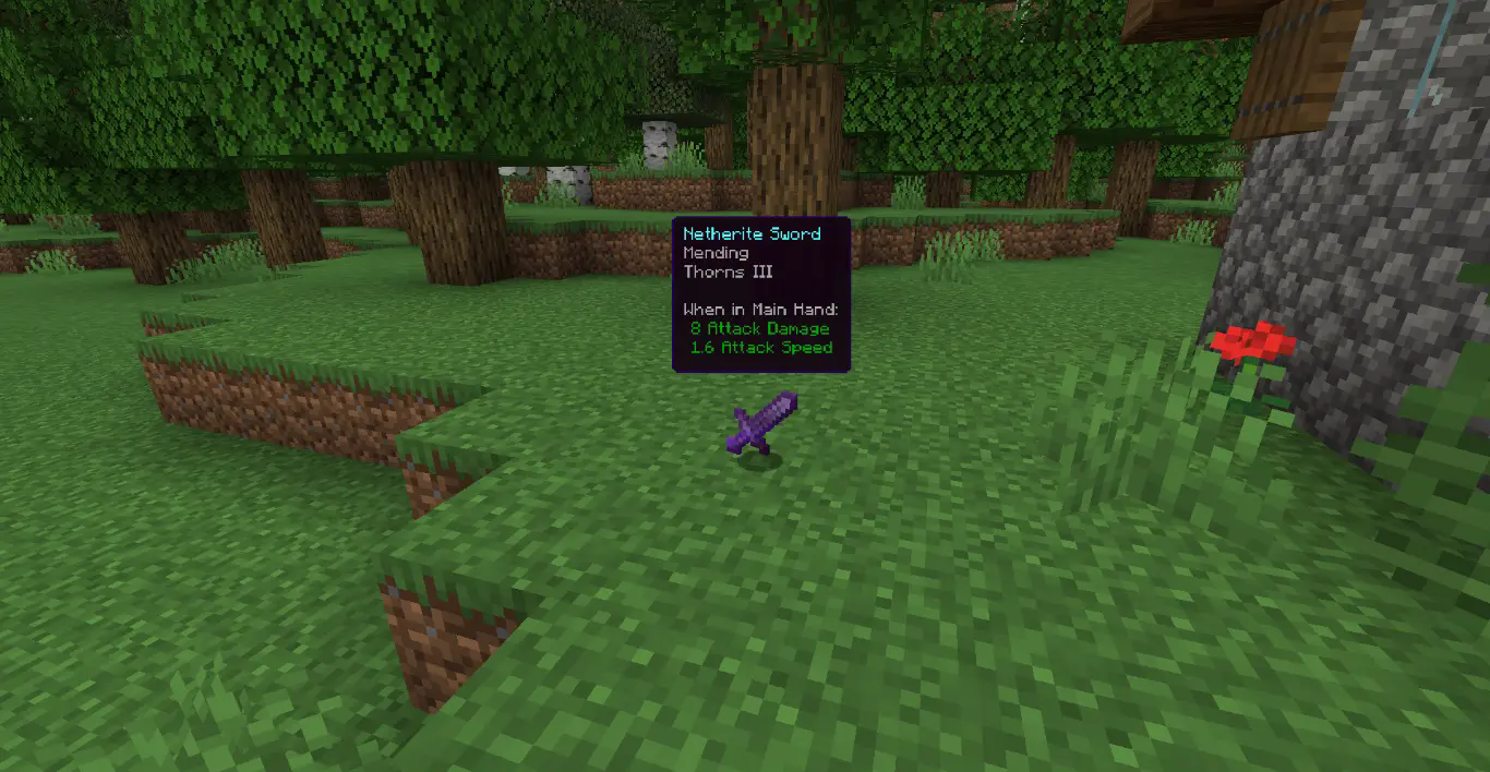 enchanted netherite sword with an expanded hologram showing tooltips including enchantments, attack damage, etc.