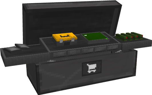 A grey box containing multiple mechanical pieces and supplies, modelled after the Buy Station from Call of Duty: Warzone