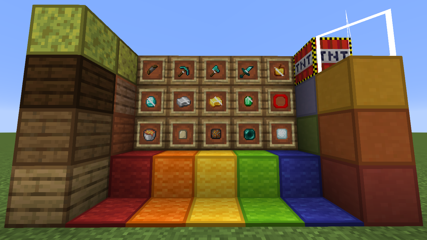 minecraft items in item frames with blocks beside it the item frames are on a oak plank wall.