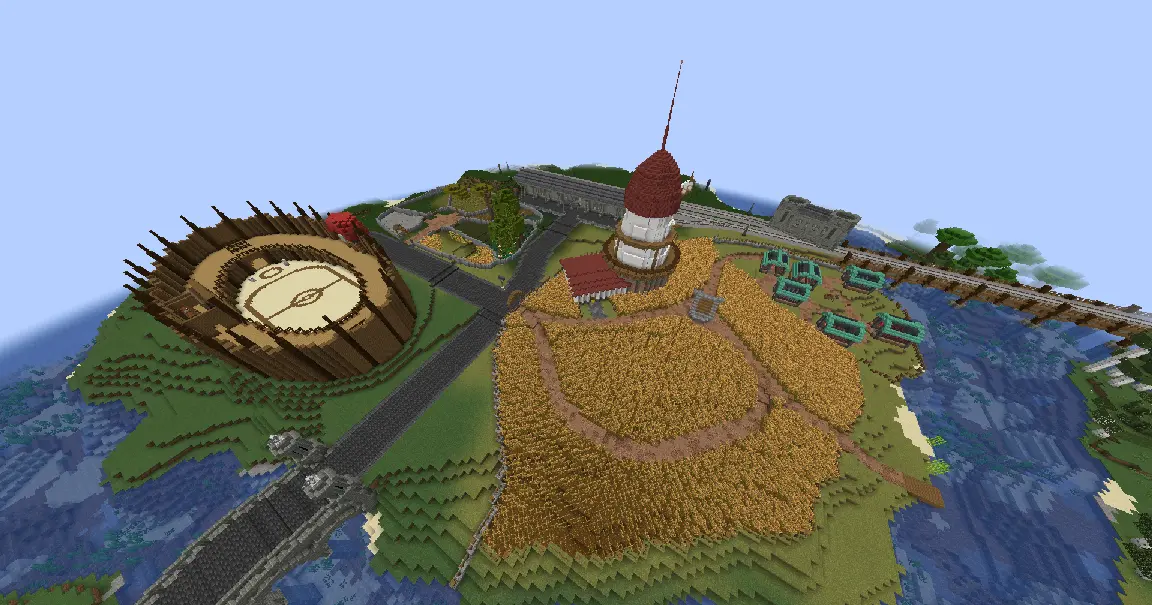 An aerial view of the south side of Cogweald, including Cogfields, the Battle Arena and the EV Petting Zoo.