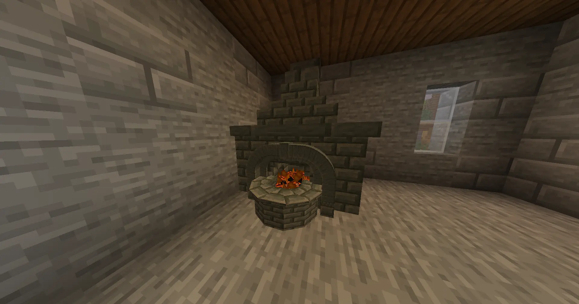 This Minecraft screenshot features the Blacksmith's Forge furniture model placed inside a stone-walled room, highlighting its atmospheric and functional design.