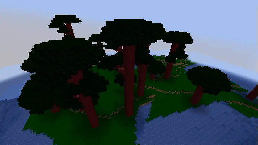 A forest, containing trees with red logs, dubbed a "Redwood Forest".