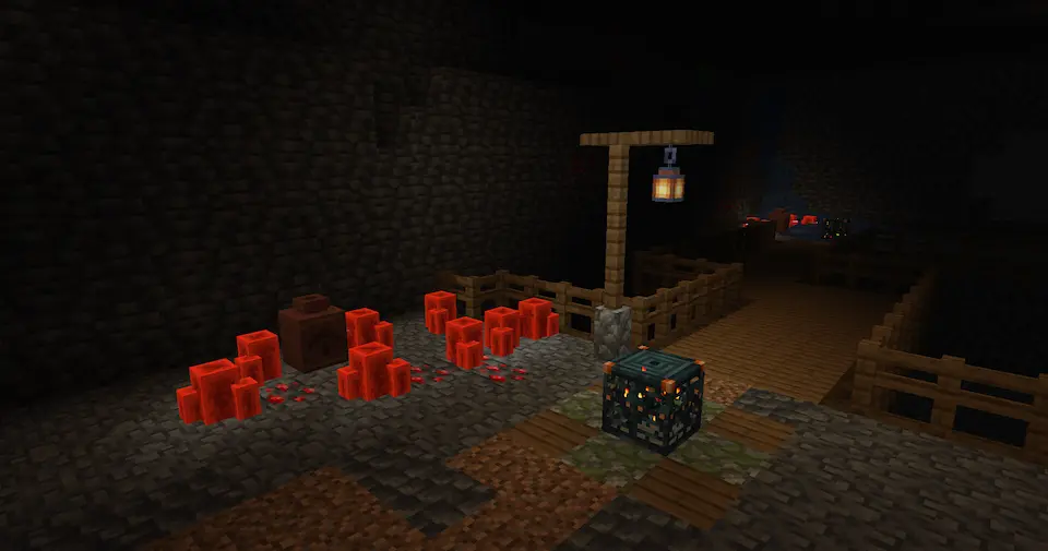 The Redstone Mines. Redstone crystals and ore can be found by a lamp post and a trial spawner underground.