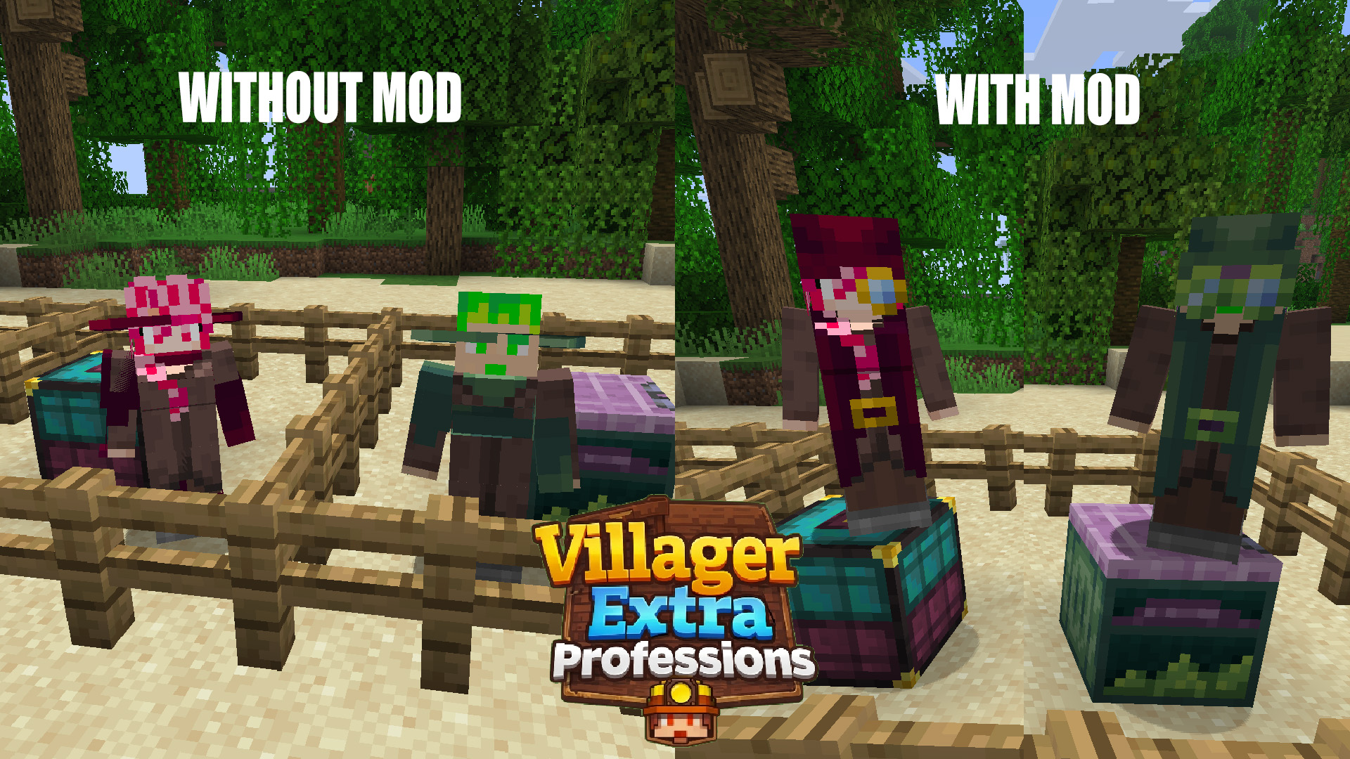 Comparison of extra profession textures from More Villagers: Re-employed with and without this compatibility pack. Without it, textures are misaligned on the custom models from Villagers [Male and Female]; with it, they are properly adapted and render correctly.