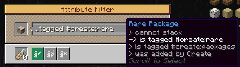 an image of a Create Mod attribute filter with a rare package and the datapack's added item tag.