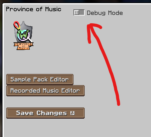 image of the main config menu with an arrow pointing at the debug mode toggle