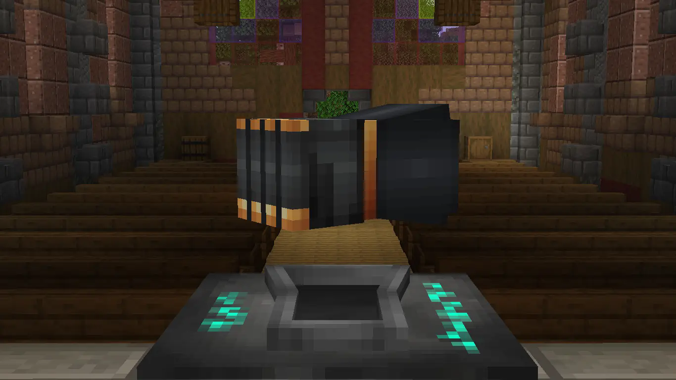 a gauntlet floating above a altar inside the church
