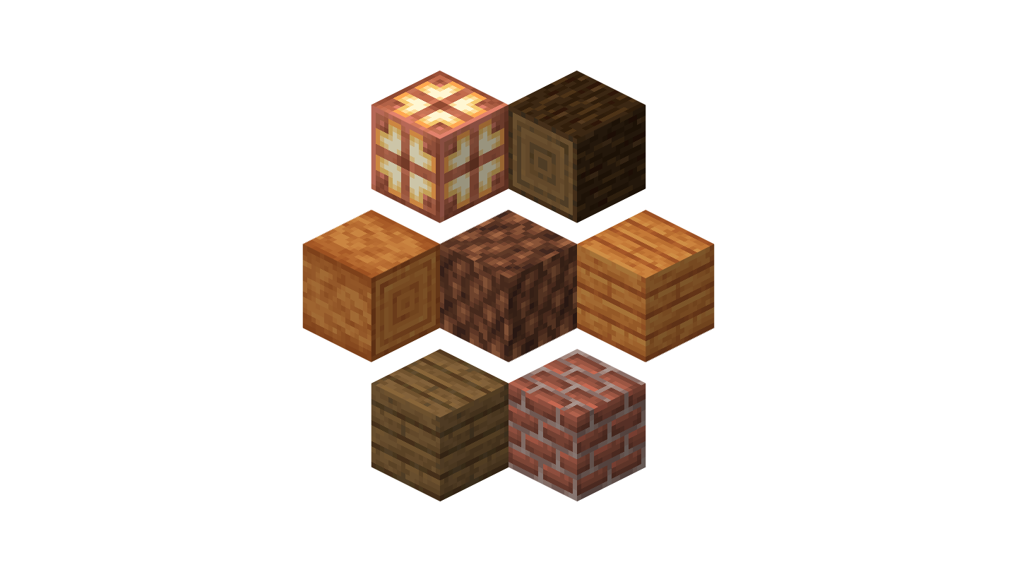Showcasing the versatility of the blocks in 3 rows: (top) Copper Bulb & Spruce Log, (middle) Stripped Pine Log, Pine Wood & Pine Planks, (bottom) Spruce Planks & Bricks