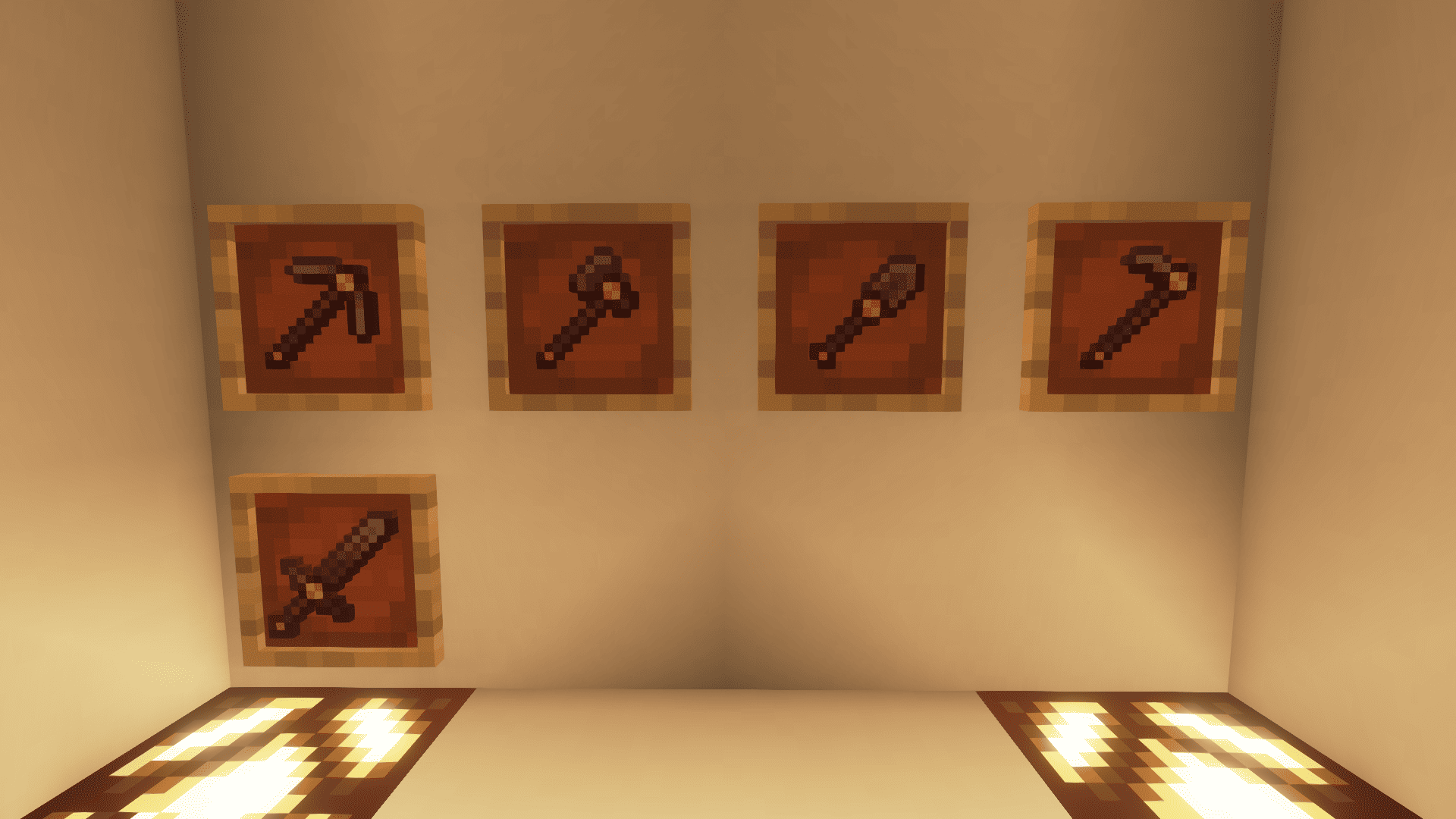 A full ruby netherite toolset in Minecraft.