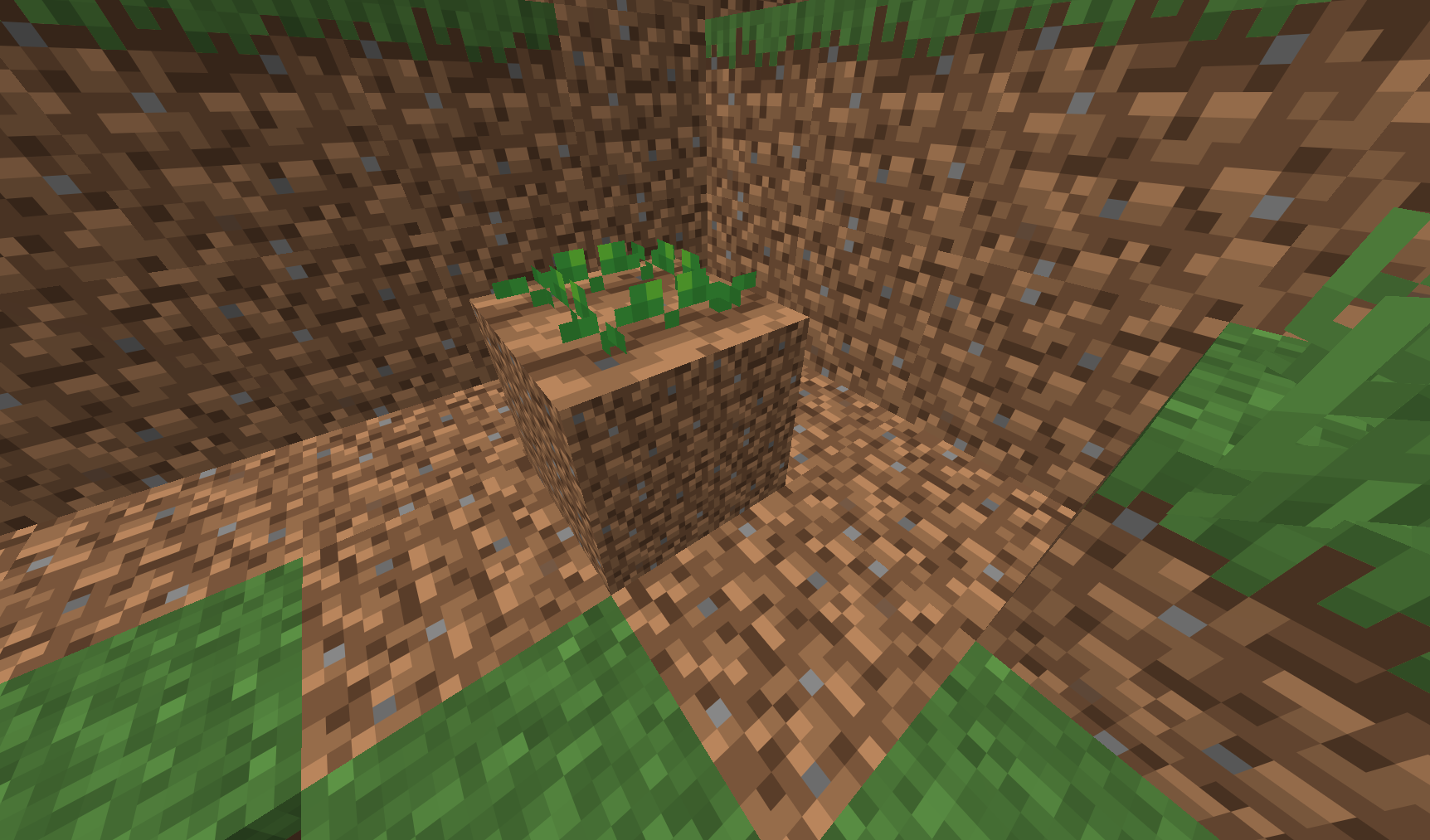 A close-up first-person view of Dirt Dirt Farmland inside a small vanila dirt cavity. A single farmland block stands prominently near the center, with young carrot sprouts growing from its tilled top surface. It is surrounded by vanila dirt blocks forming the walls and floor, with patches of green grass visible around the edges. The image highlights the farmland’s distinctive high-resolution brown texture and its ability to support crops. No player interface is visible.