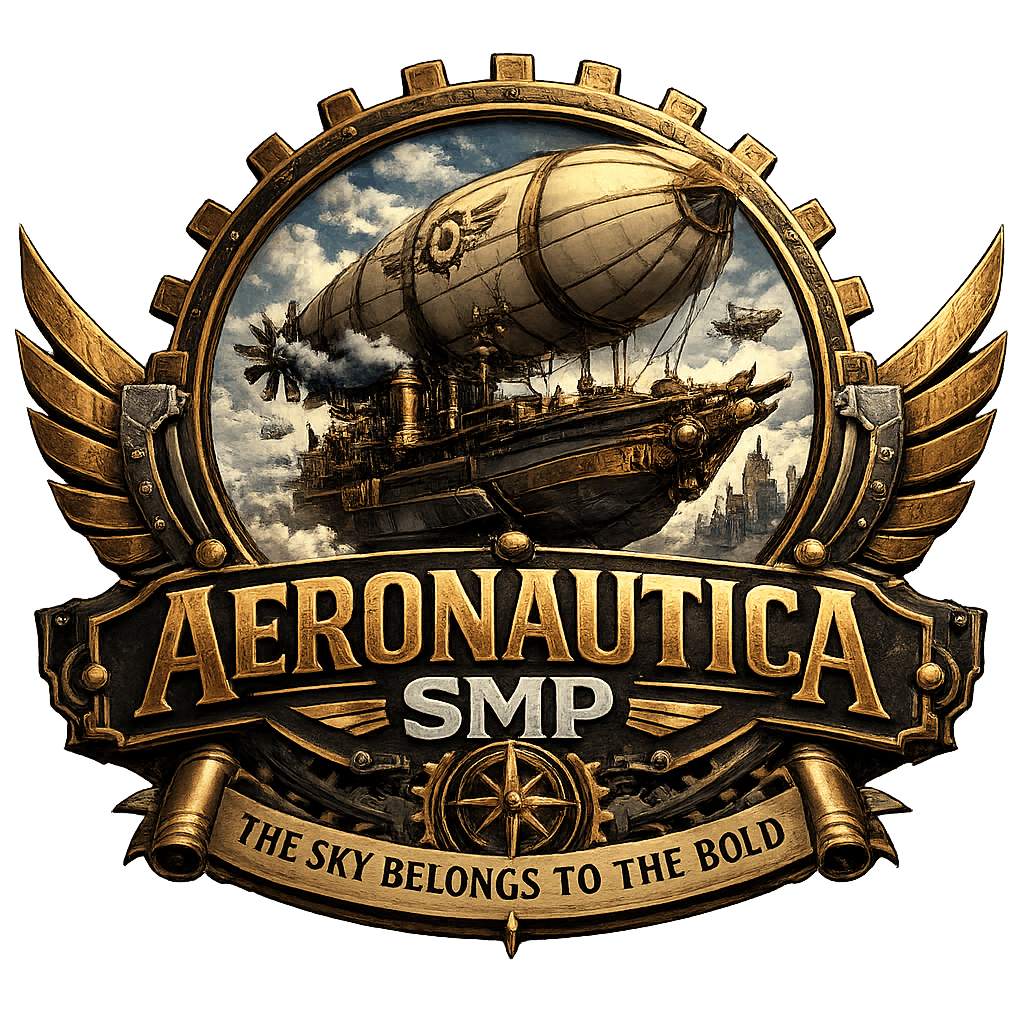 This logo is of a flying airship in a very steampunk format. It features two text areas, one saying "Aeronautica SMP", and the other below that saying "The Sky Belongs to the Bold"