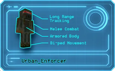 Urban Enforcer bot holographic data sheet. Minecraft future themed mod