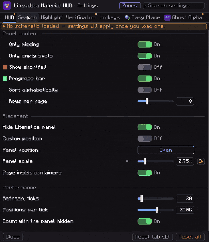 Material HUD settings