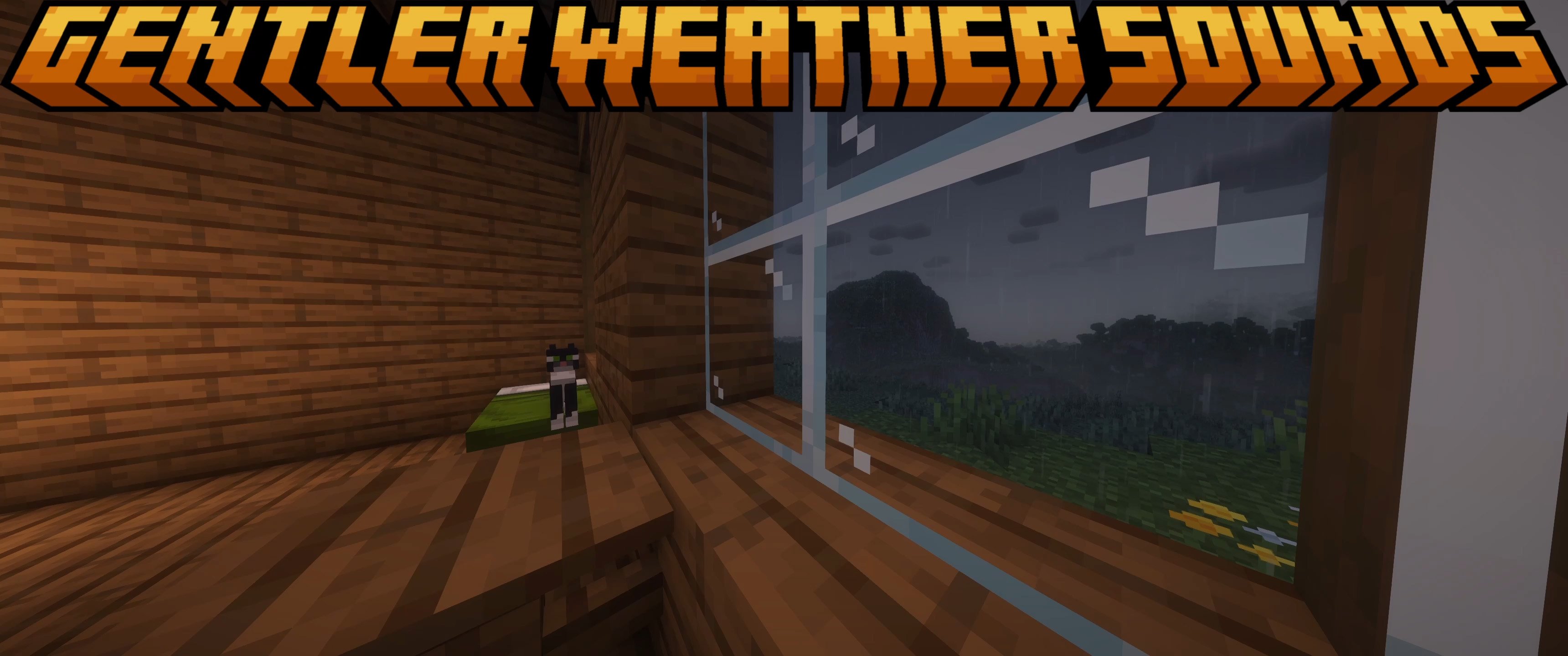 A scene in Minecraft with a cat sitting on a bed and rain out the window. At the top it says Gentler Weather Sounds in a warm orange