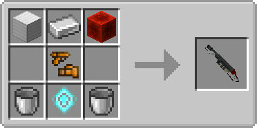 Recipe for the Flamethrower. Iron Block top left, Iron ingot top middle, Redstone Block top right, Illegal Gun Parts middle, Bucket bottom left, Essence of Hope bottom middle, Bucket bottom right