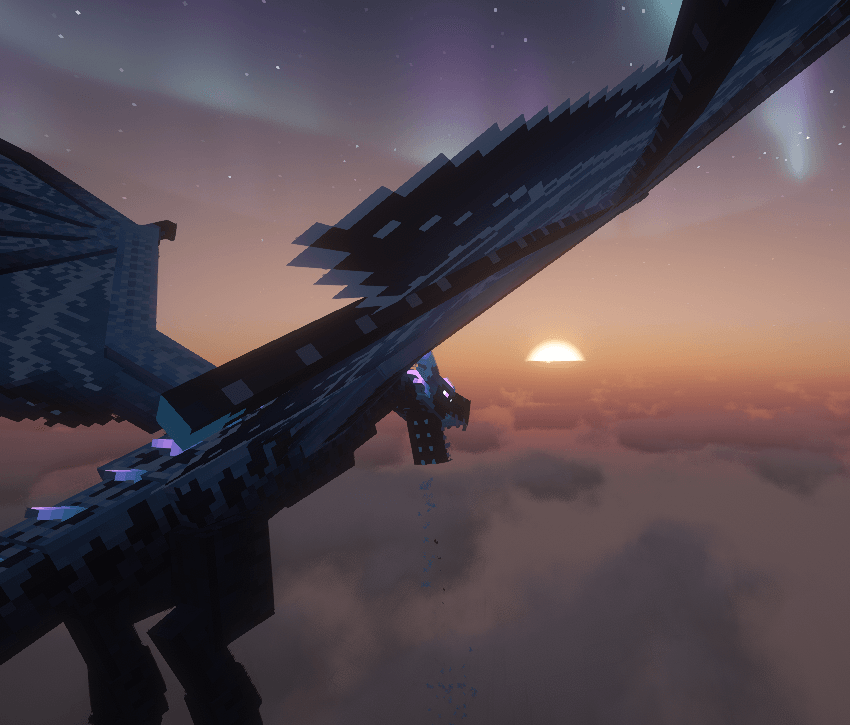 a large dark blue dragon flying over the sunset with dimm northern lights glowing