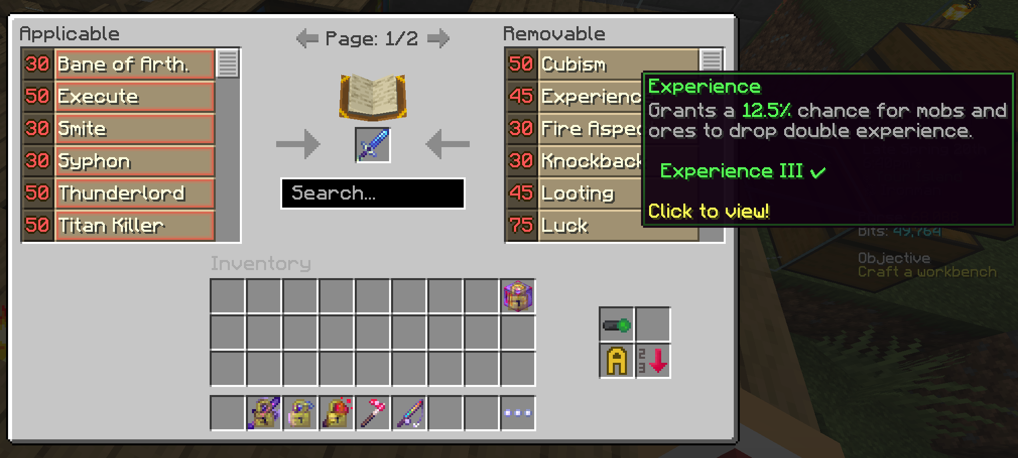 Picture of custom GUI for enchanting table with a sword inside to showcase.