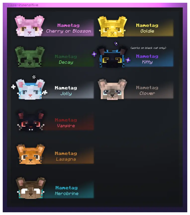 Nametag variants case insensitive