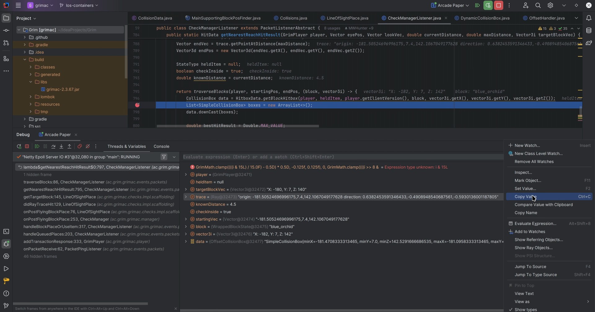 showing copying vector debug text from trace variable in debugger