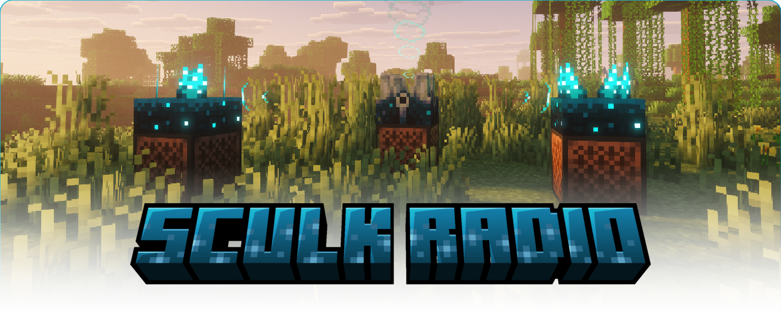 A jukebox with a sculk shrieker and 2 noteblocks with sculk sensors overlayed with a 3D logo of the mod name