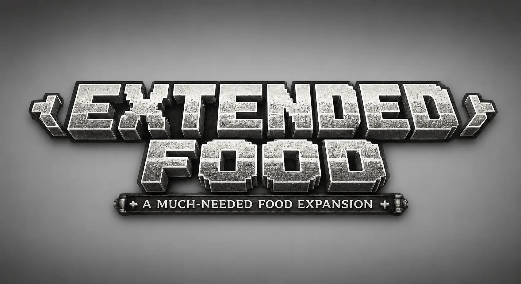 A large retro-game-style title logo made from heavy silver metal blocks. The word "EXTENDED" dominates the top, "FOOD" sits beneath it in matching metallic letters, and a small steel plaque below reads "A MUCH-NEEDED FOOD EXPANSION."