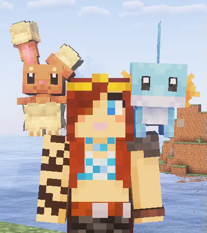 A cobblemon Mudkip and Buneary standing on each shoulders of a minecraft person