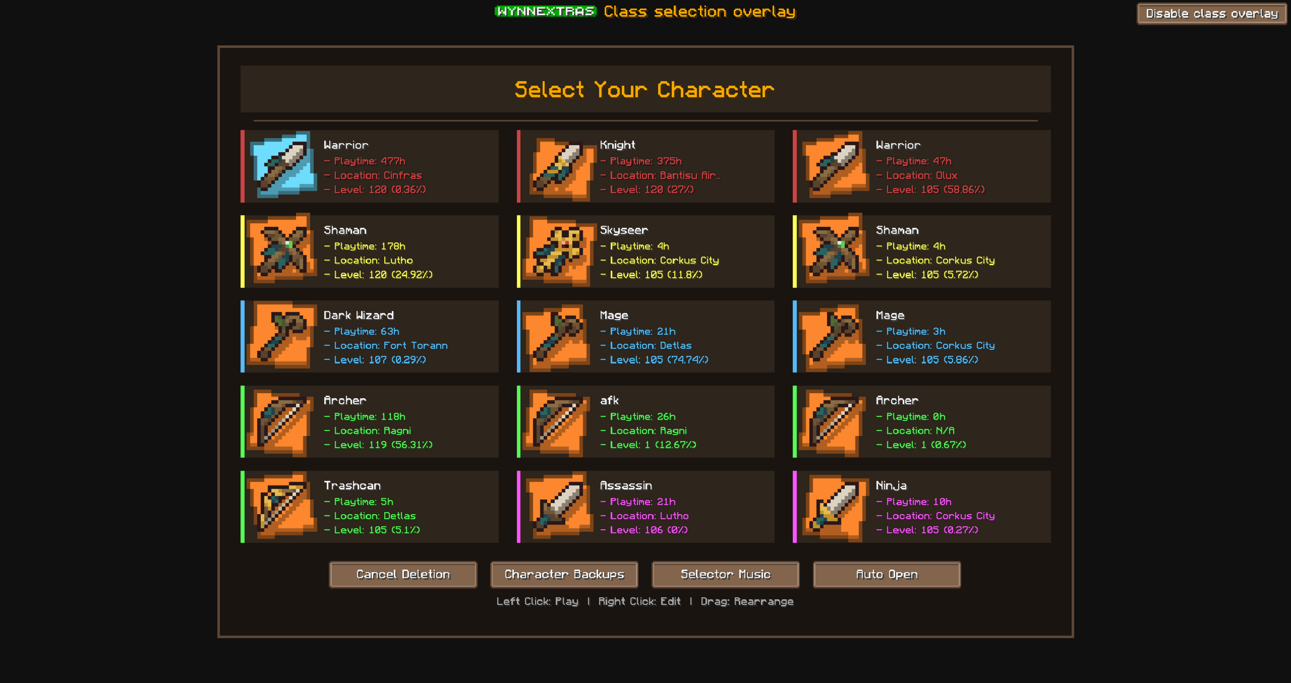 Custom class selection screen