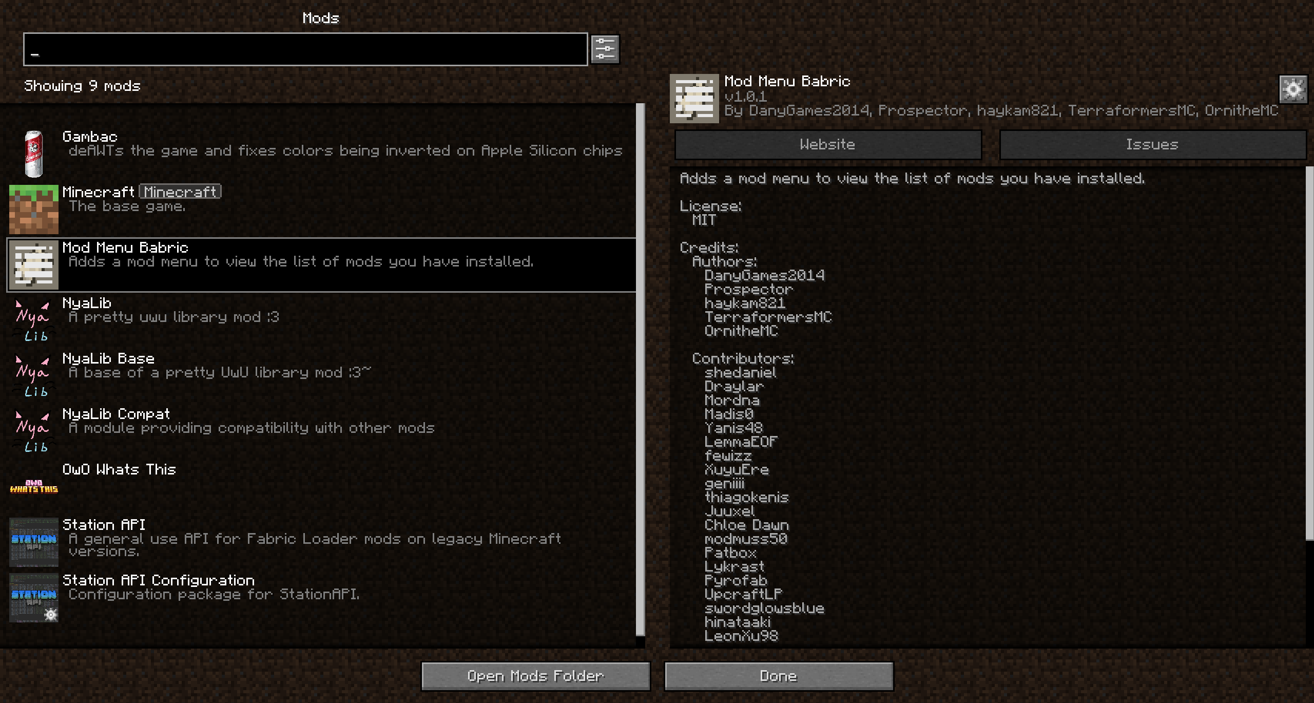 Screenshot of the mod menu screen