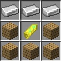 3 iron ingots at the top, a yellow exp crystal in the center, and 5 wood planks in the remaining spaces.