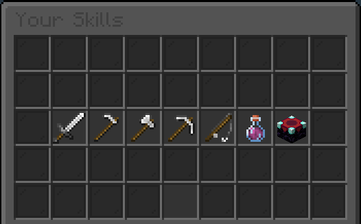An image of the Skills Menu, showing all 7 skills (Fighting, farming, woodcutting, mining, fishing, alchemy, enchanting)
