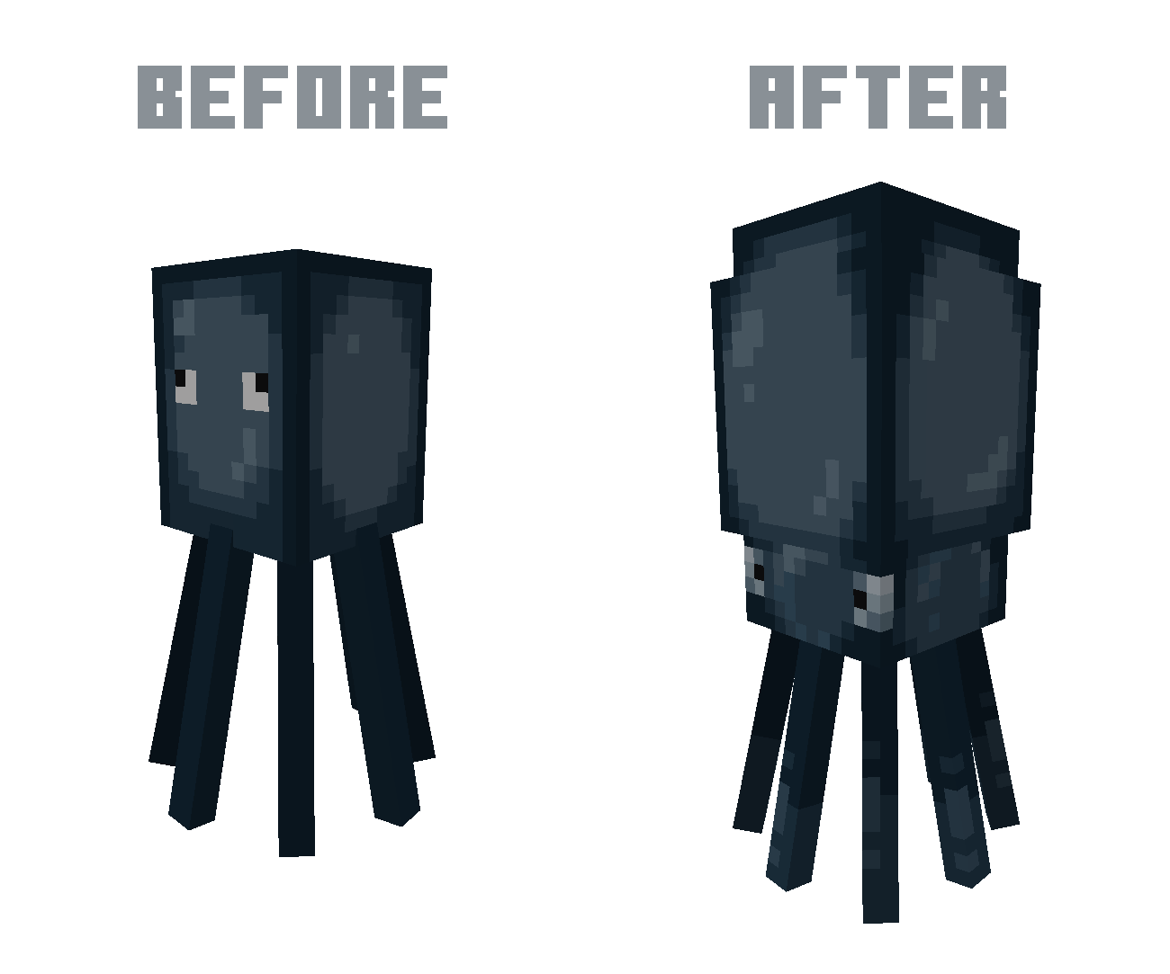 Two images of a squid. In the first image, no resource packs are enabled. In the second image, the 'Slightly Squidier' resource pack has been applied.