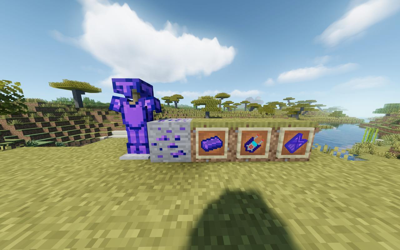 An armor stand with vibranium armor, vibranium ore, vibranium ingot, sonic device and a gauntlet