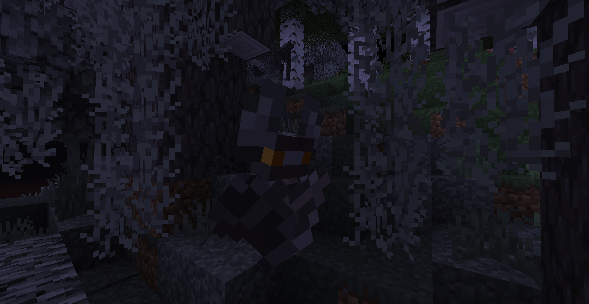 A pale bat in a pale garden, with a creaking lurking behind.