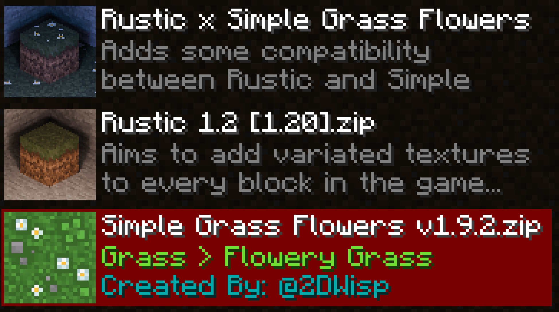 Setup for how compat should be in resource pack folder. Rustic and Simple Grass Flowers are interchangeable.