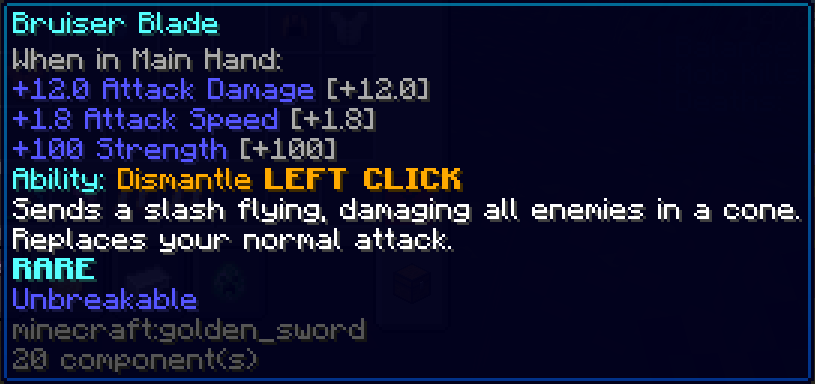 Image of the Bruiser Blade, an item with an ability, Dismantle, that sends a slash flying towards your opponent. Also features stats like Damage and Strength.