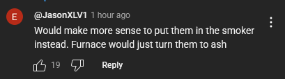 Screenshot of a YouTube comment that reads "Would make more sense to put them in the smoker instead. Furnace would just turn them to ash"