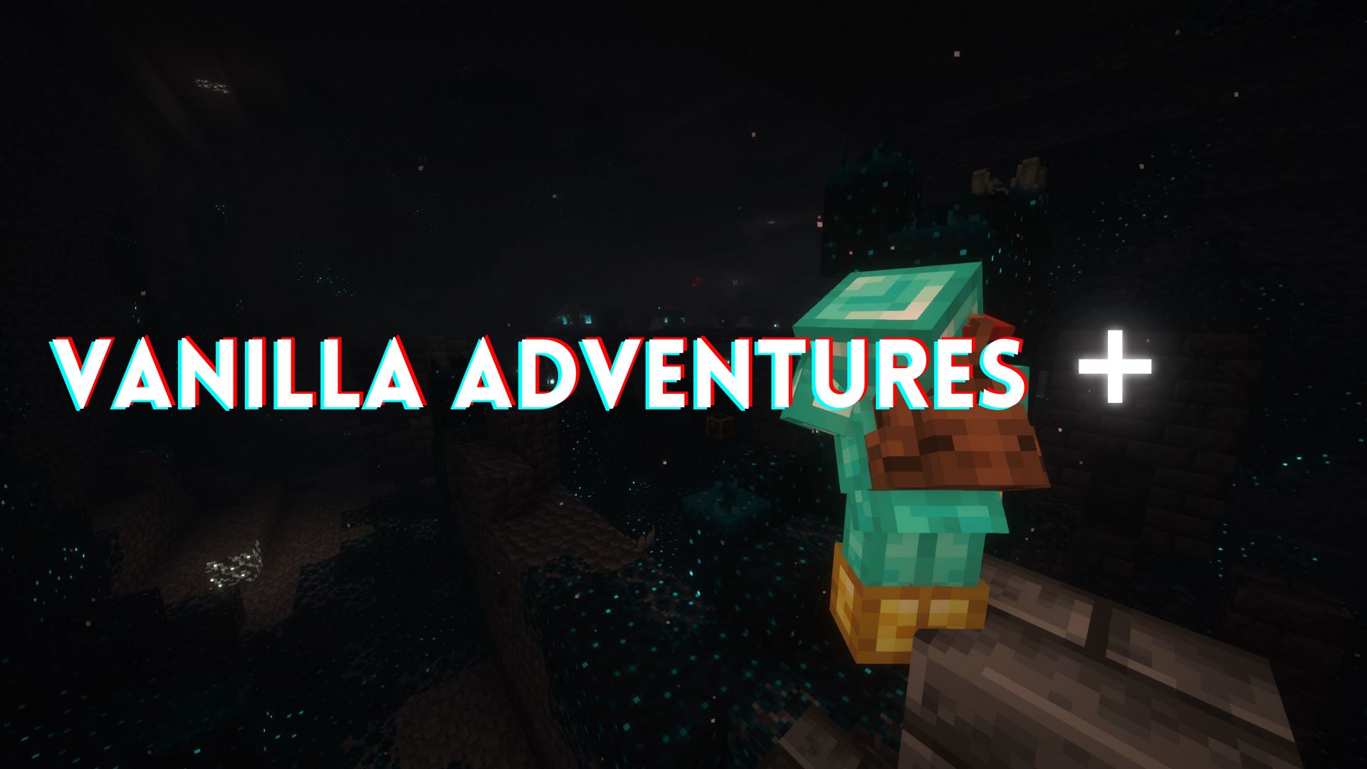 Graphic displaying the words "Vanilla Adventures +" with a character on the right side looking up and a shrieker in an ancient city with chests visible in the distance