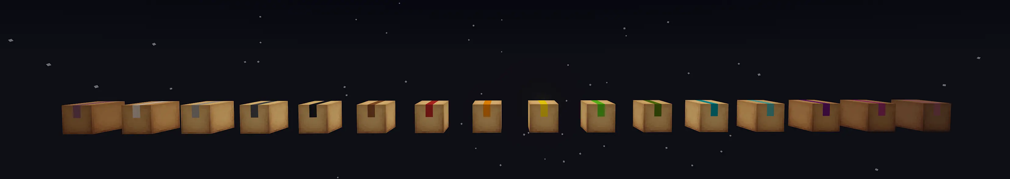 A lineup of 16 cardboard boxes, each sealed with a unique color of duct tape to showcase all 16 dyed variants included in the pack.